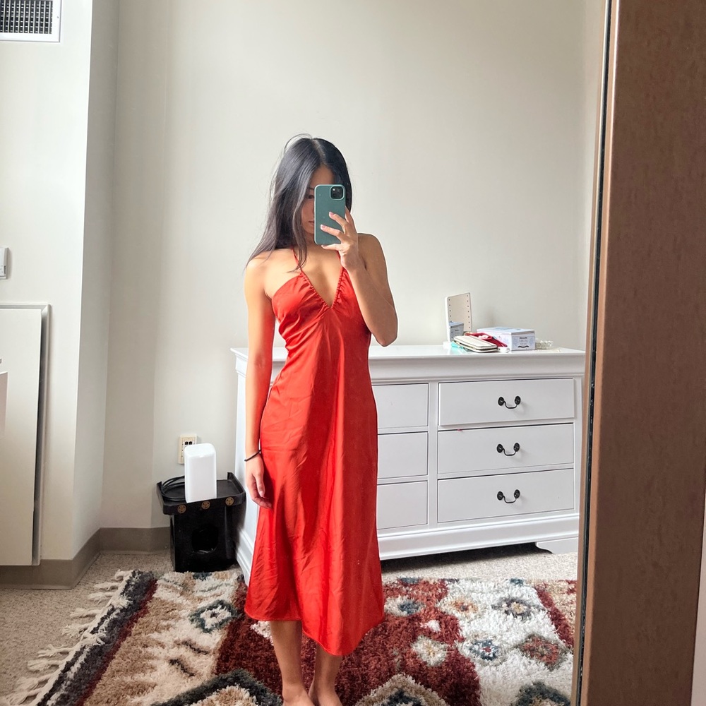 Orange Abercrombie & Fitch Halter Satin Slip Midi Dress